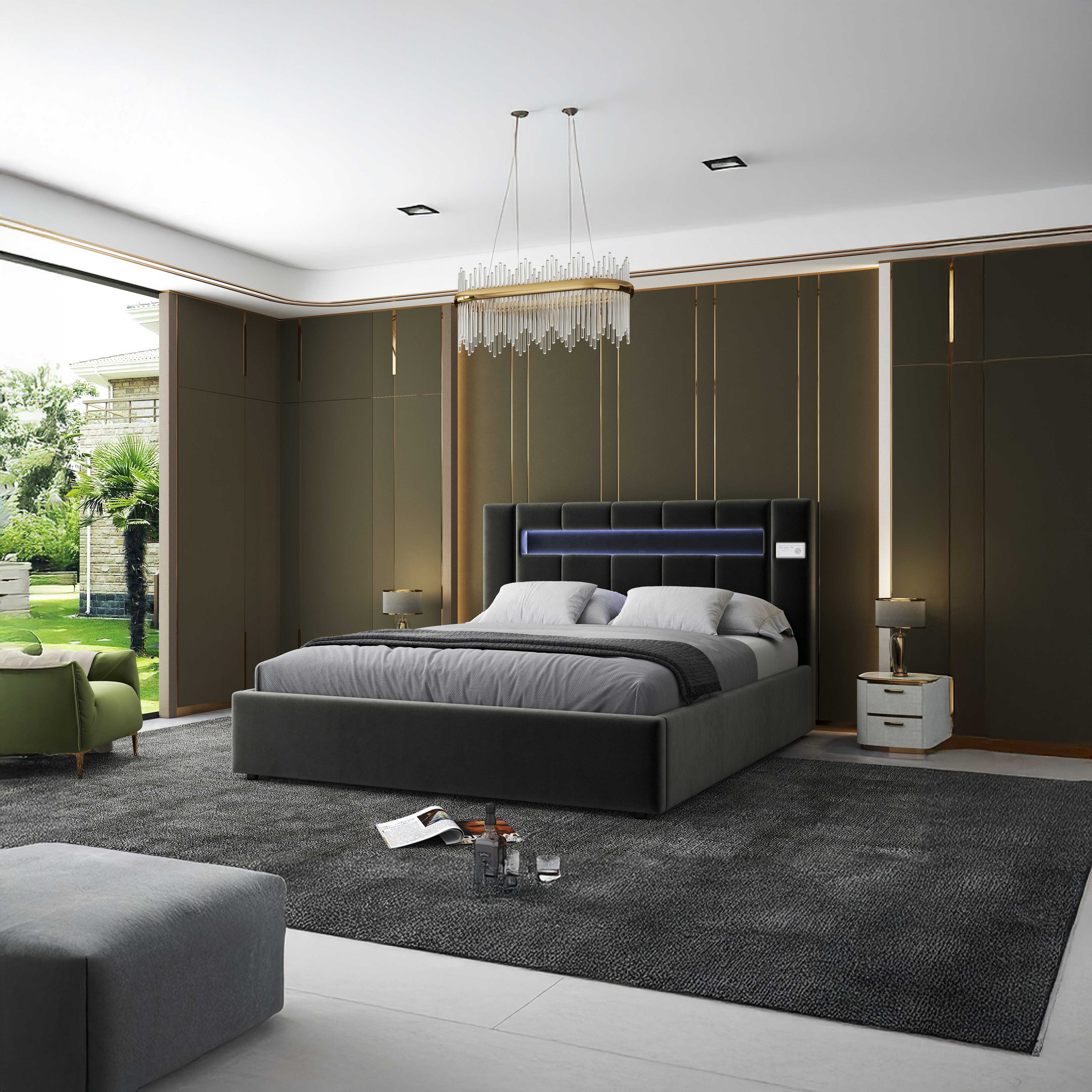 Pat dormitor dumonde, tapitat gri cu LED si SISTEM AUDIO, Glow 180x200 cm, somiera rabatabila inclusa, spatiu depozitare WLS