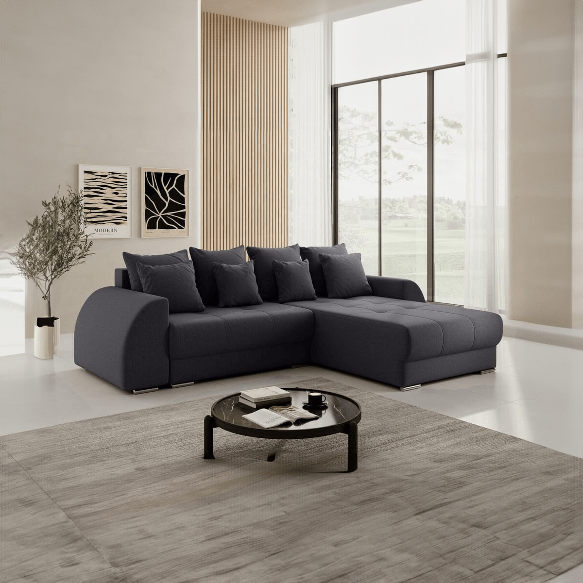 Colțar extensibil dumonde cu ladă de depozitare si sezut confortabil din spuma HR, Verona Grafit II 290x185 cm Fabrica