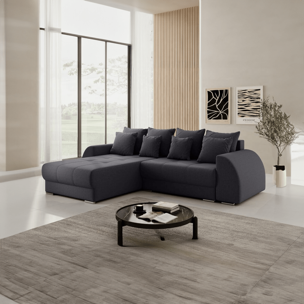 Colțar extensibil dumonde cu ladă de depozitare si sezut confortabil din spuma HR, Verona Grafit 290x185 cm Fabrica