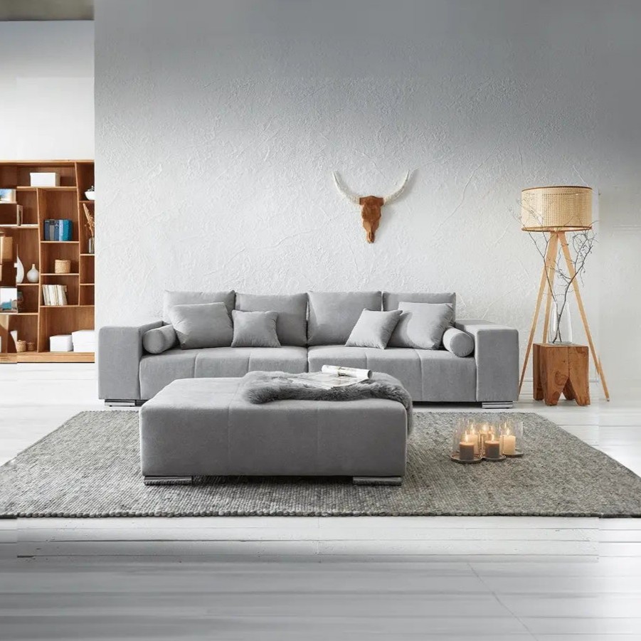 Canapea extensibilă dumonde cu ladă de depozitare si sezut confortabil din spuma HR, Marbela Grau XXL 295x100 cm cu taburet inclus