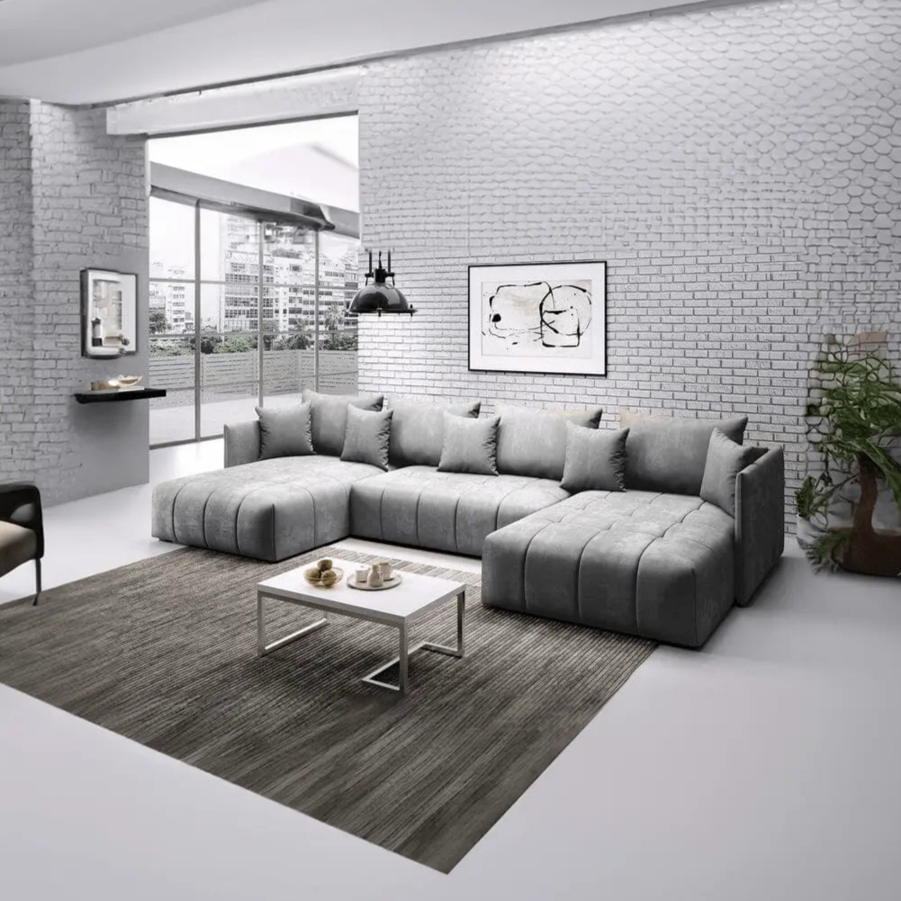 Colțar extensibil dumonde cu ladă de depozitare si sezut confortabil din spuma HR, Malta U Grey 340x185 cm Fabrica