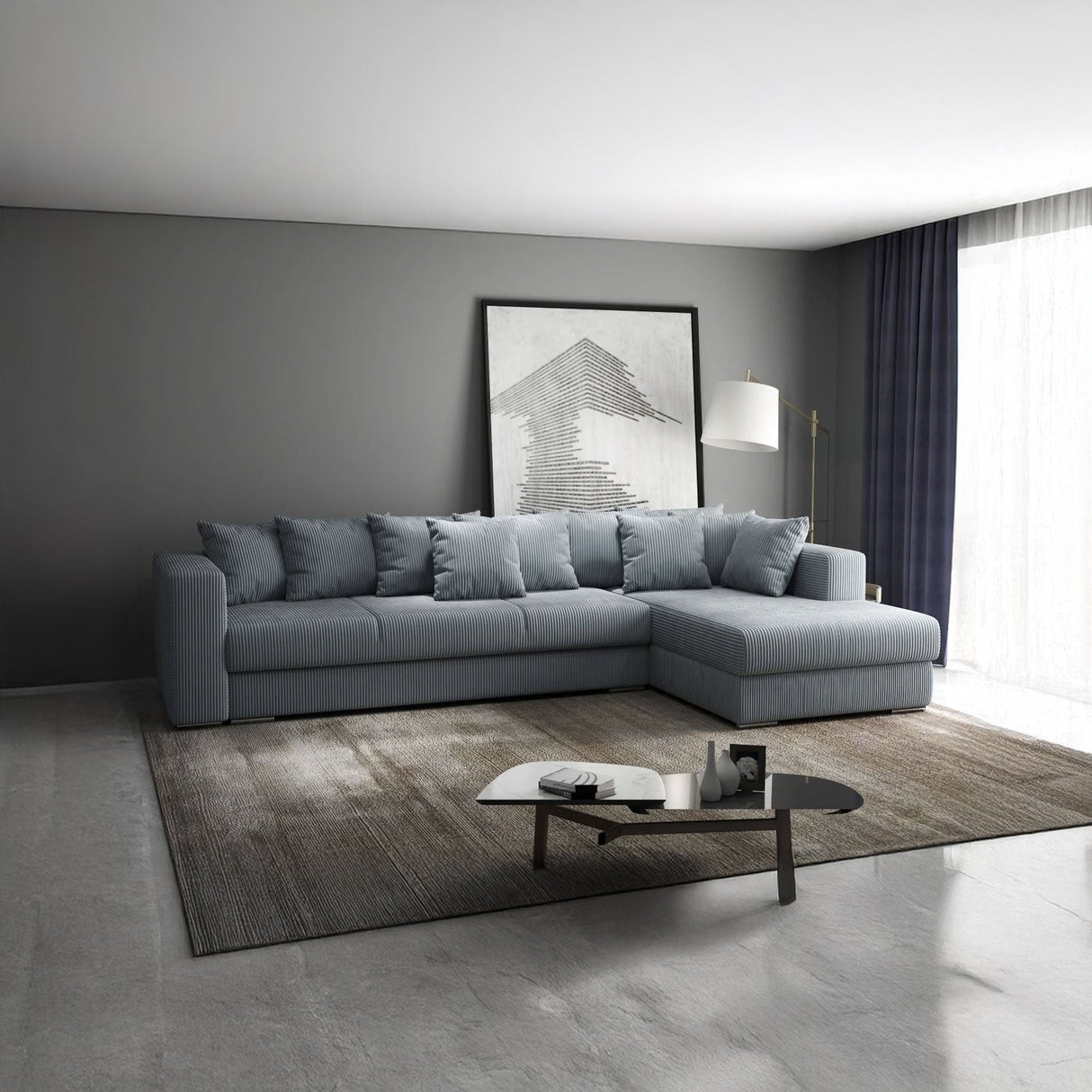 Colțar extensibil dumonde cu ladă de depozitare si sezut confortabil din spuma HR, Gloria Grey Zoom II 320x183 cm Fabrica