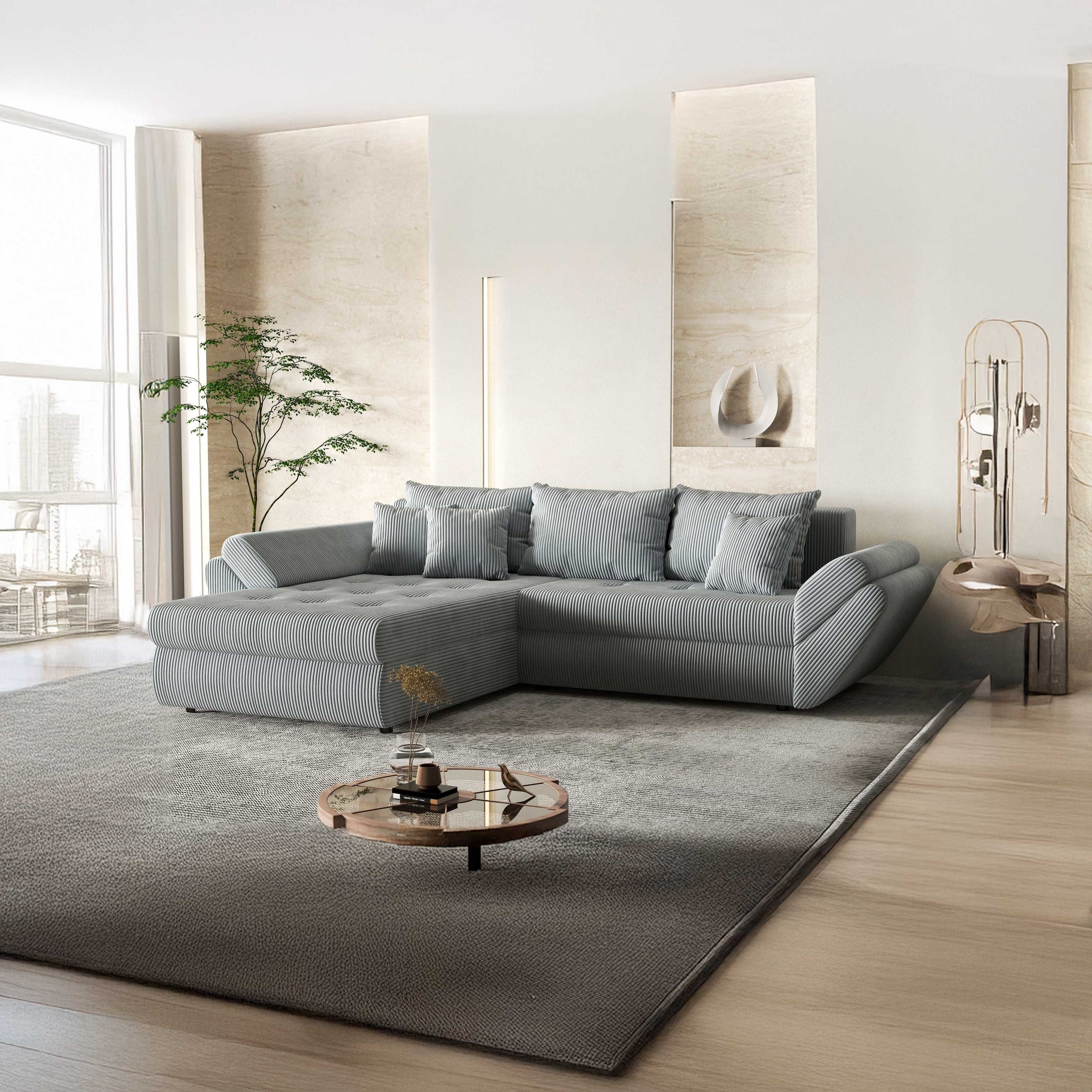 Colțar extensibil dumonde cu ladă de depozitare si sezut confortabil din spuma HR, Loana GREY Zoom 270x185 cm Fabrica