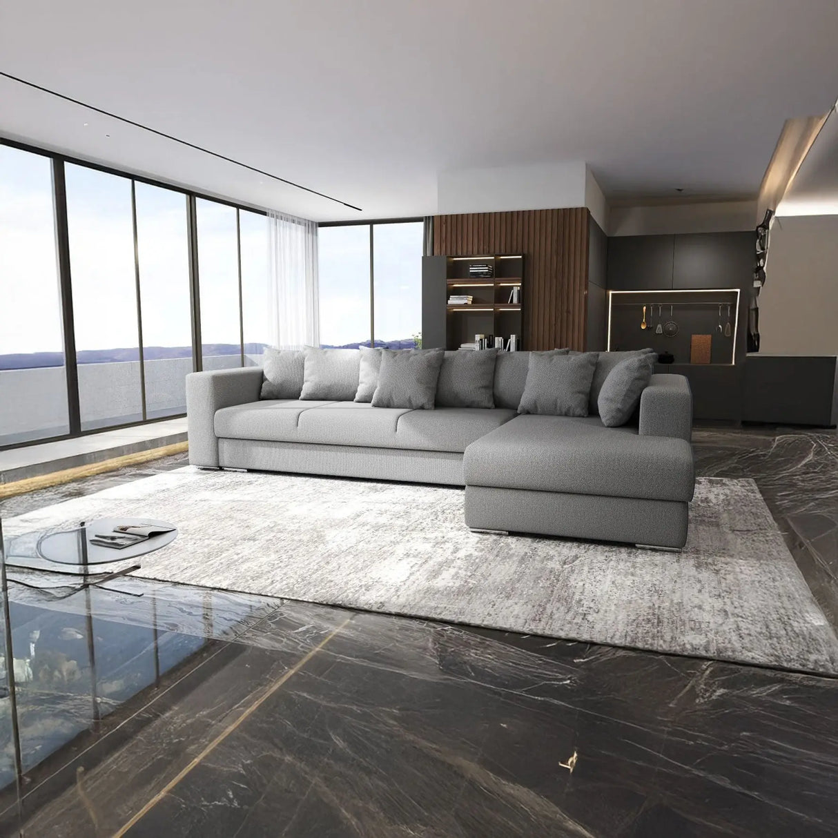 Colțar extensibil dumonde cu ladă de depozitare si sezut confortabil din spuma HR, Gloria Grey II 320x183 cm Fabrica