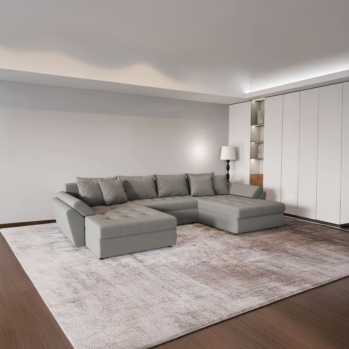 Colțar extensibil dumonde cu ladă de depozitare si sezut confortabil din spuma HR, Loana Royal Gri U 355x185 cm Fabrica