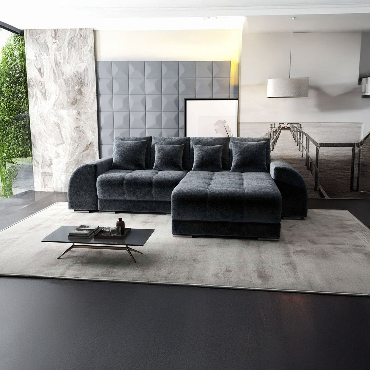 Colțar extensibil dumonde cu ladă de depozitare si sezut confortabil din spuma HR, Verona Euphoria Gri Grafit II 290x185 cm Fabrica