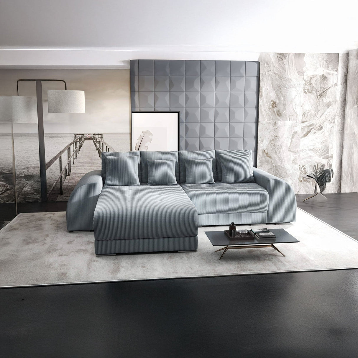 Colțar extensibil dumonde cu ladă de depozitare si sezut confortabil din spuma HR, Verona Zoom Gri Mint 290x185 cm Fabrica