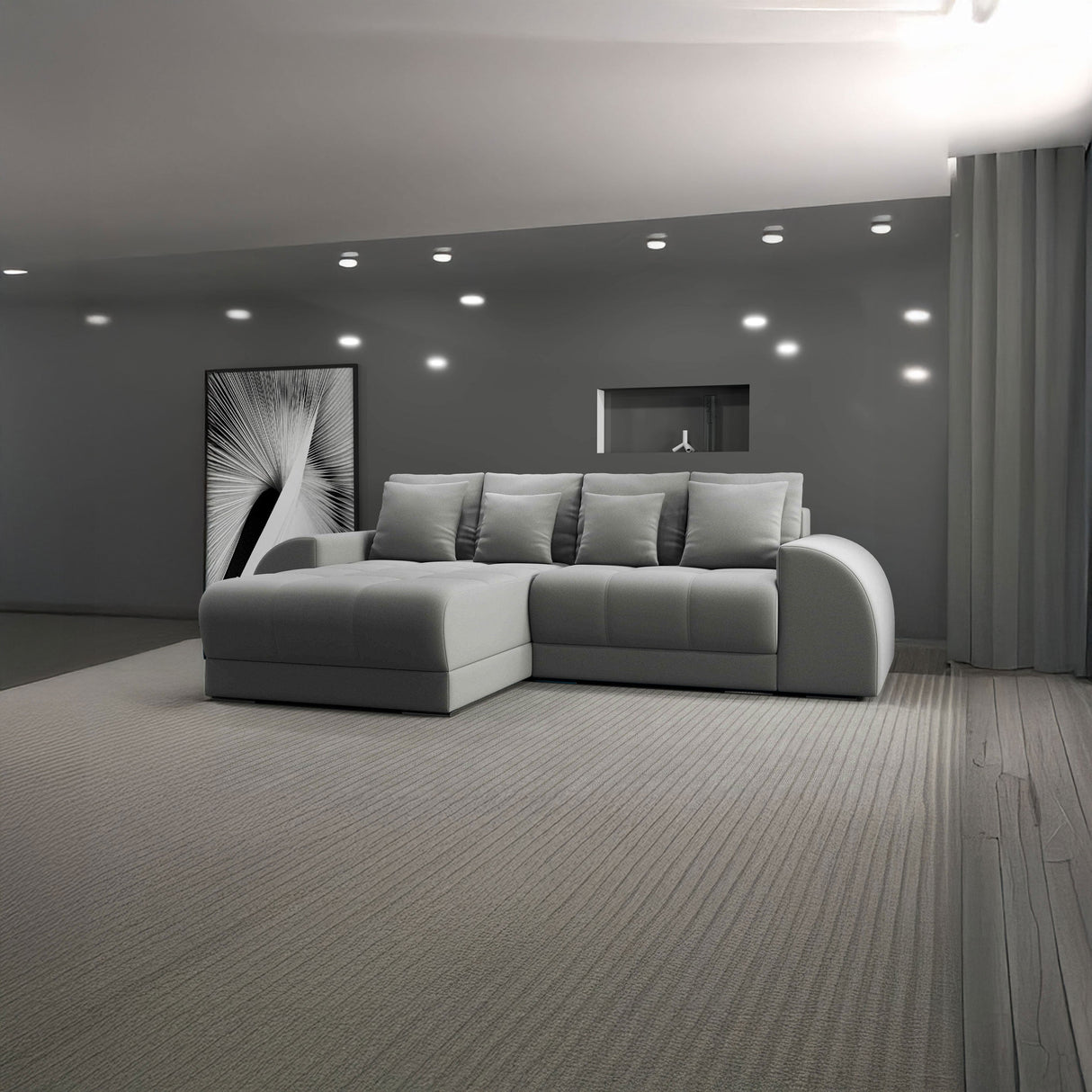 Colțar extensibil dumonde cu ladă de depozitare si sezut confortabil din spuma HR, Verona Royal Gri 290x185 cm Fabrica