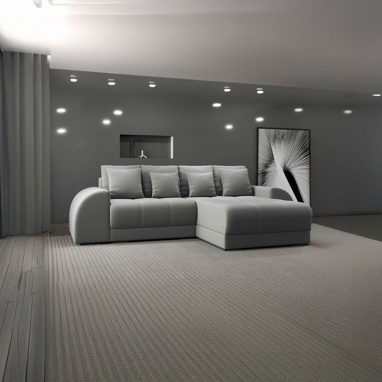 Colțar extensibil dumonde cu ladă de depozitare si sezut confortabil din spuma HR, Verona Royal Gri II 290x185 cm Fabrica