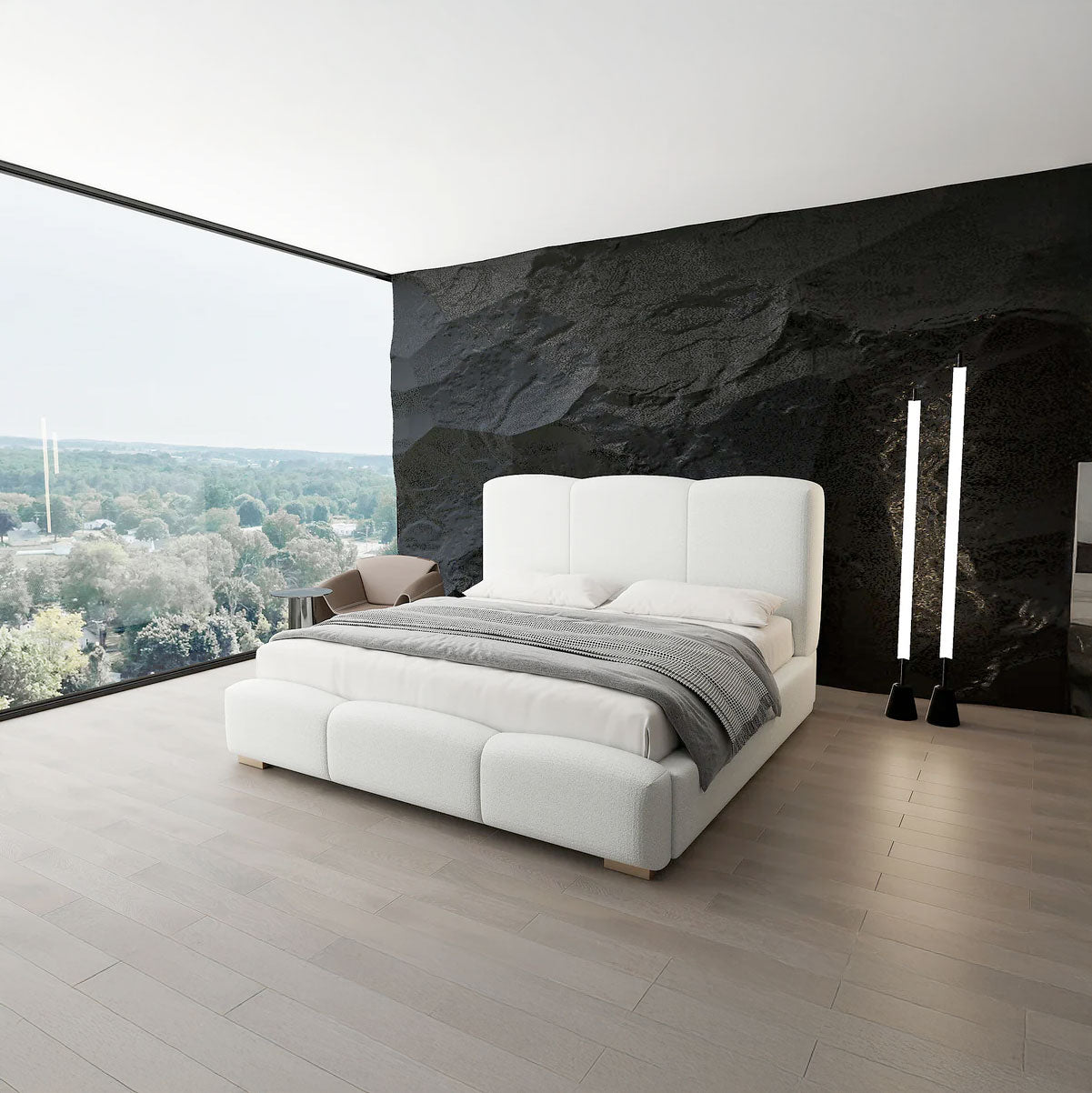 Pat dormitor dumonde, tapitat alb, Havana 180x200 cm, somiera rabatabila inclusa, spatiu depozitare