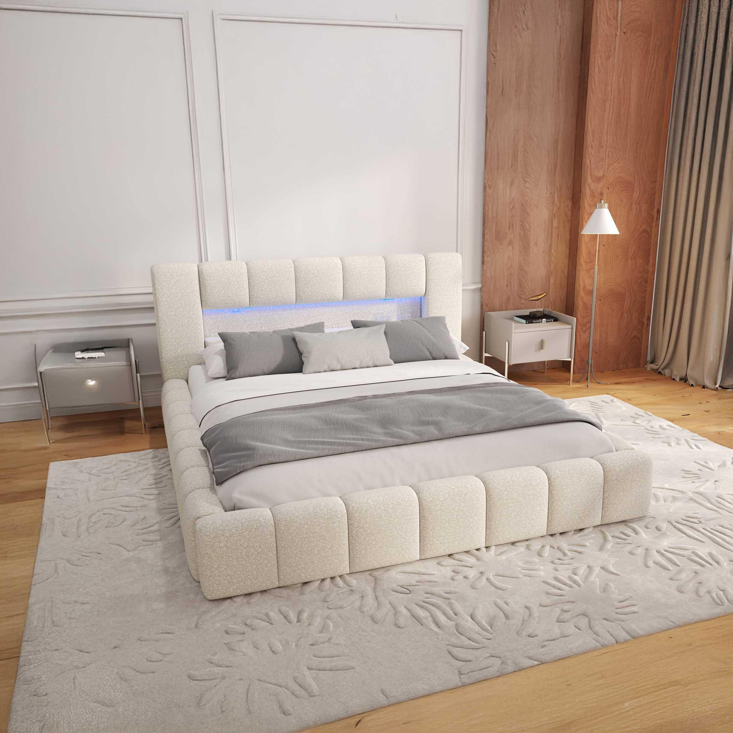 Pat dormitor dumonde, tapitat bej, Palermo 180x200 cm, somiera rabatabila inclusa, spatiu depozitare