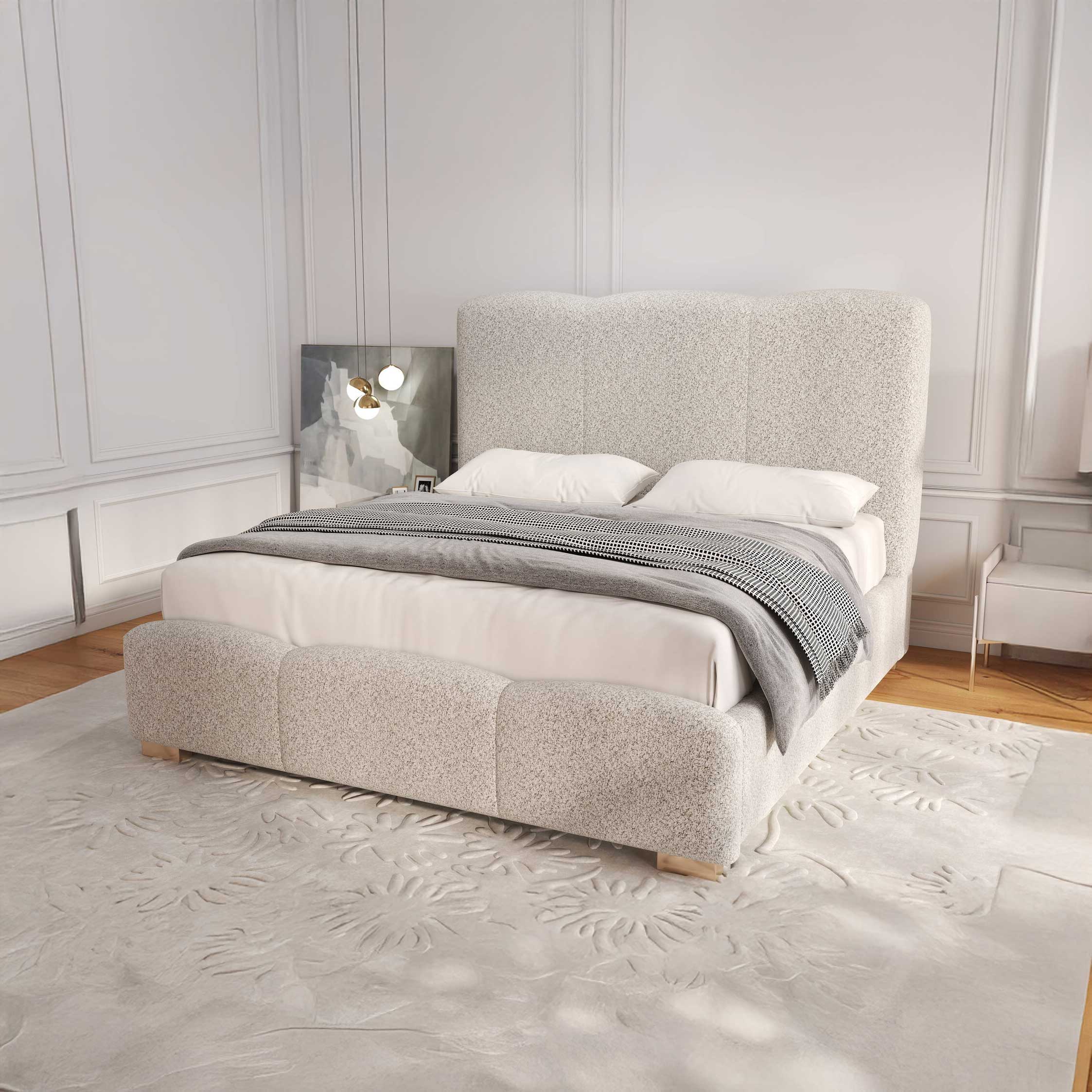 Pat dormitor dumonde, tapitat bej, Havana 160x200 cm, somiera rabatabila inclusa, spatiu depozitare