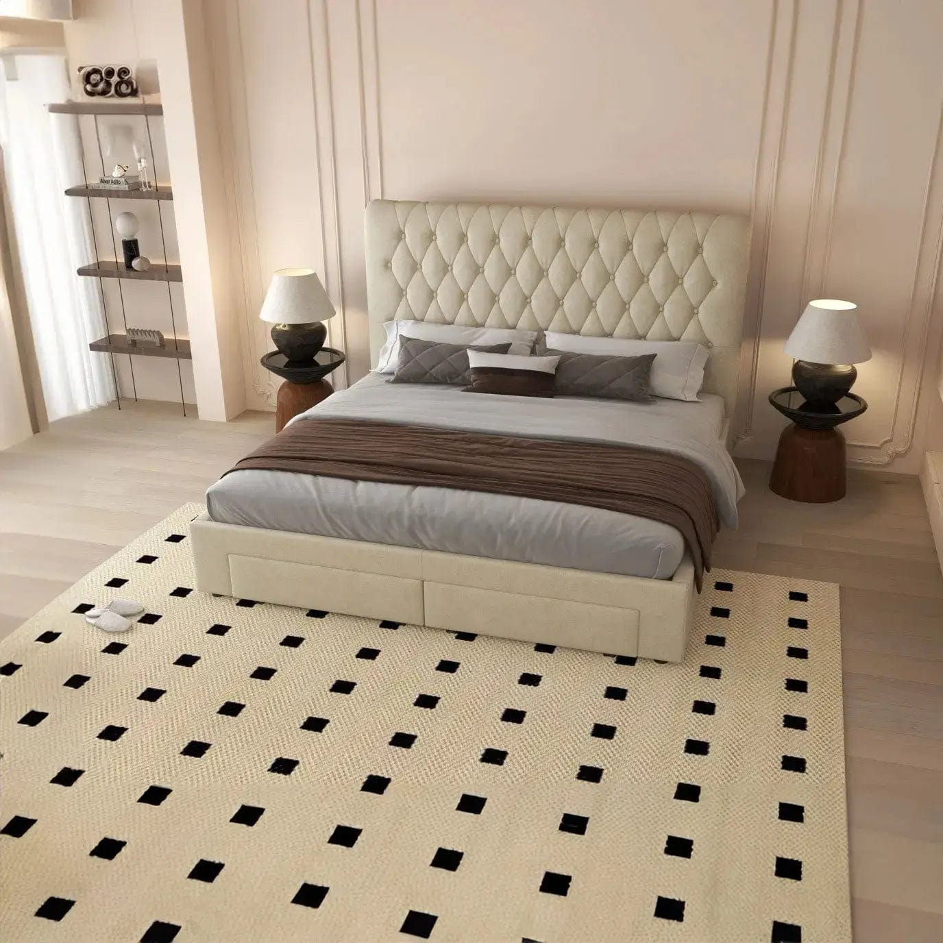 Pat dormitor dumonde, tapitat bej, Hypnos 180x200 cm, somiera inclusa, spatiu depozitare