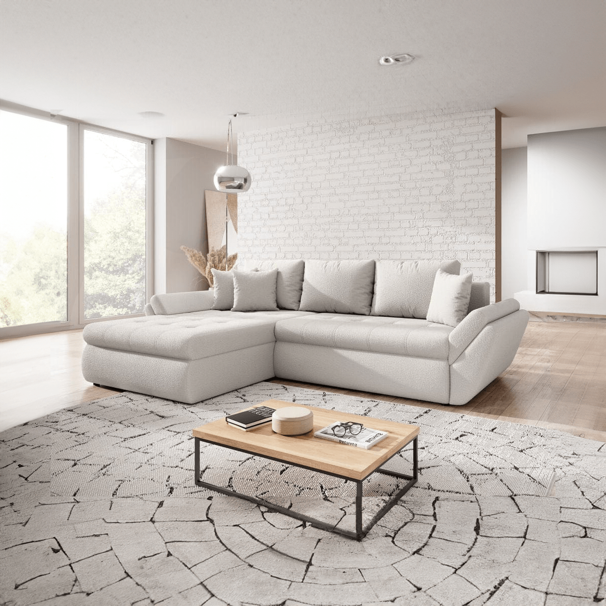 Colțar extensibil dumonde cu ladă de depozitare si sezut confortabil din spuma HR, Loana Euphoria Ivory 270x185 cm Fabrica
