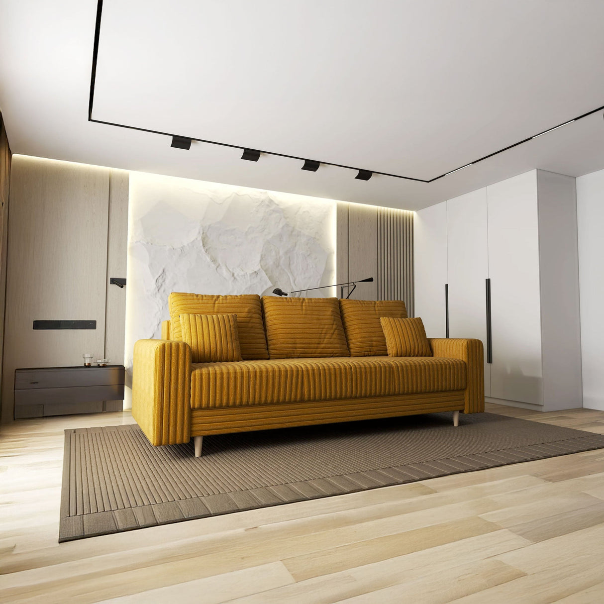 Canapea extensibilă dumonde cu ladă de depozitare si sezut confortabil din spuma HR, Kronos Ambience Mustar 210x100 cm fabrica