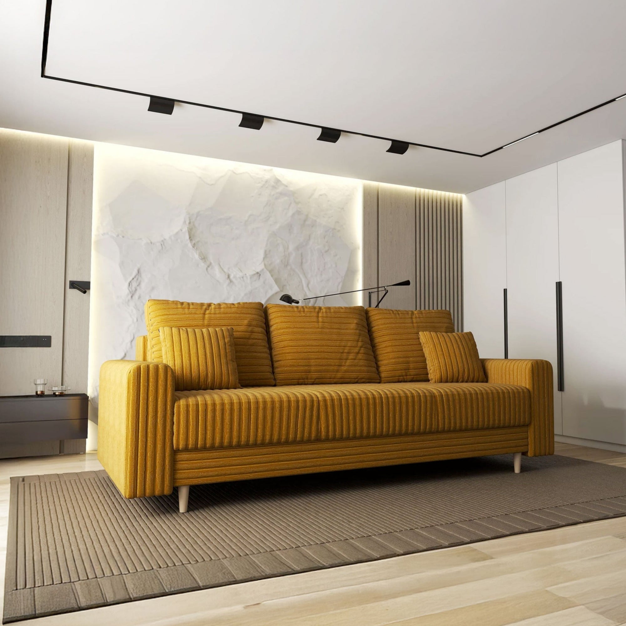 Canapea extensibilă dumonde cu ladă de depozitare si sezut confortabil din spuma HR, Kronos Ambience Mustar 210x100 cm fabrica