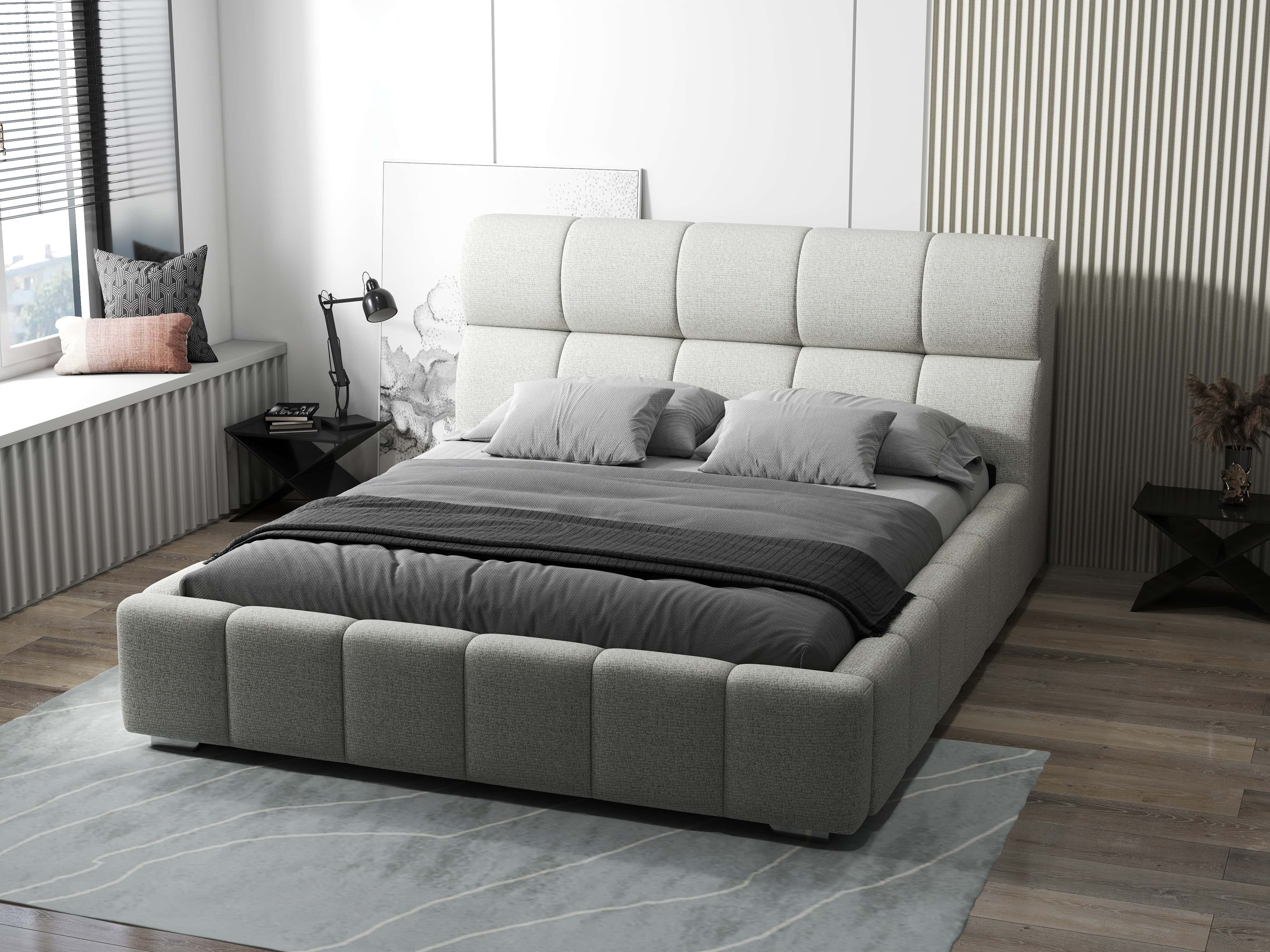 Pat dormitor dumonde, tapitat bej, Prestige 180x200 cm, somiera rabatabila inclusa, spatiu depozitare