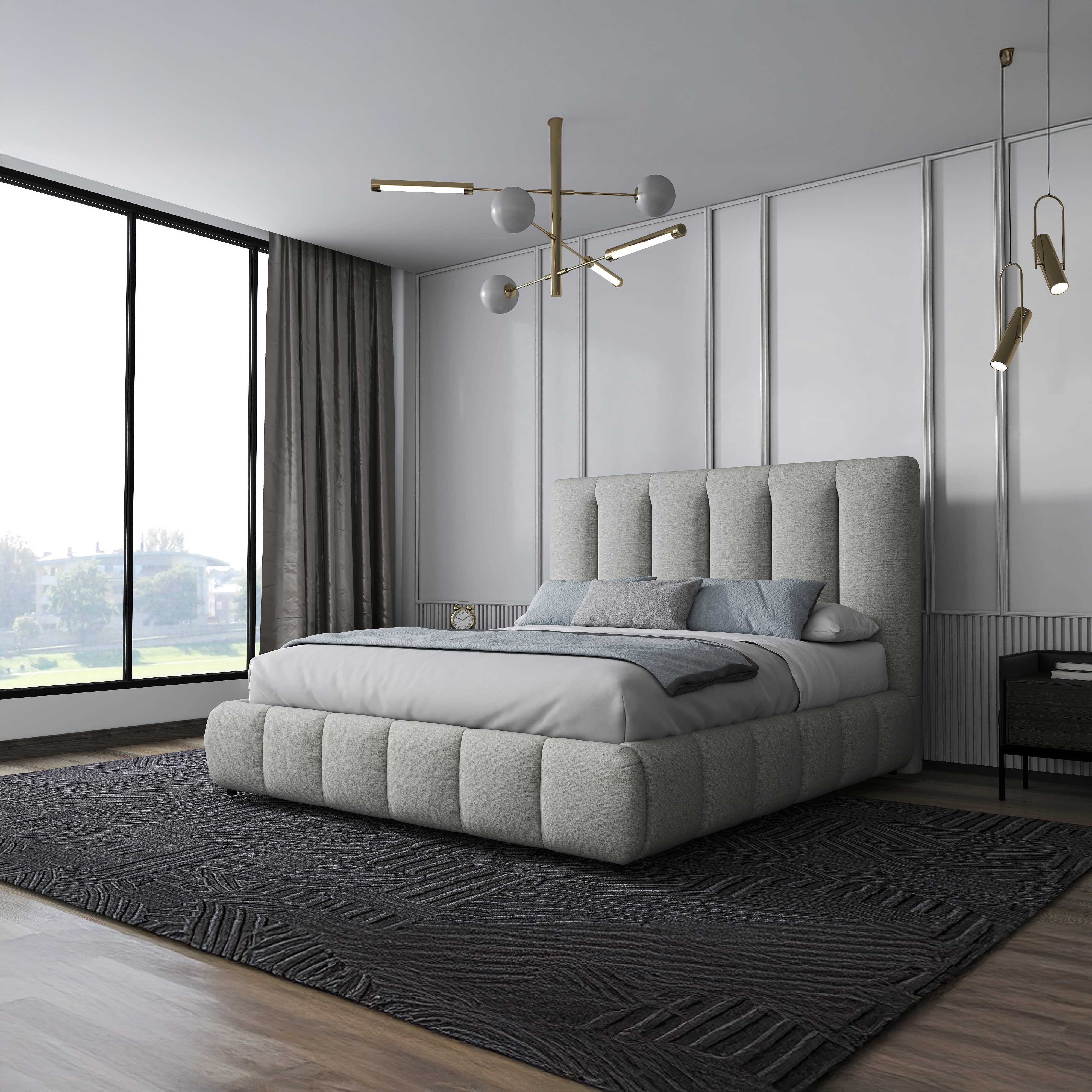 Pat dormitor dumonde, tapitat gri, Divaneo 160x200 cm, somiera rabatabila inclusa, spatiu depozitare