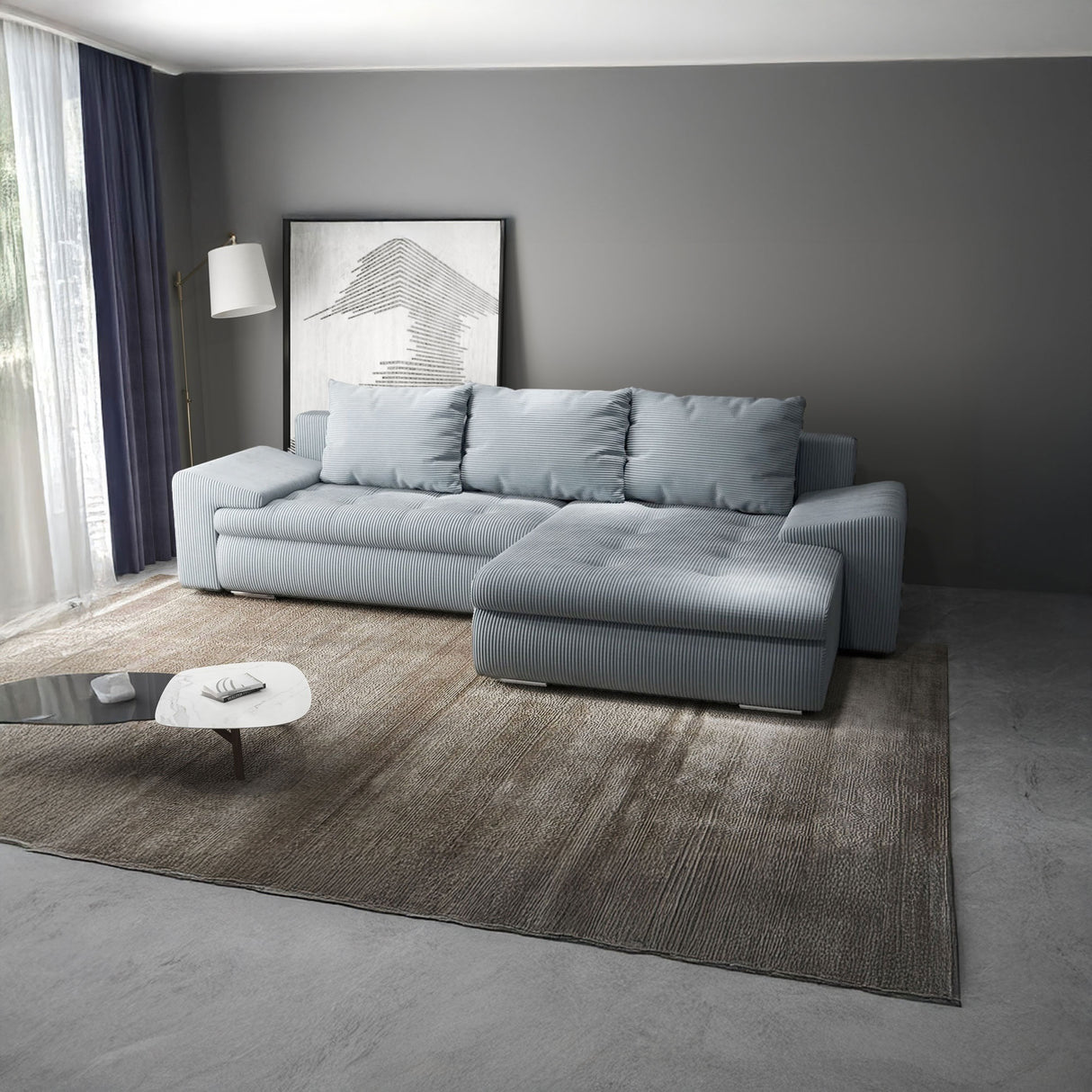Colțar extensibil dumonde cu ladă de depozitare si sezut confortabil din spuma HR, Leonardo Zoom Gri Mint 255x193 cm II
