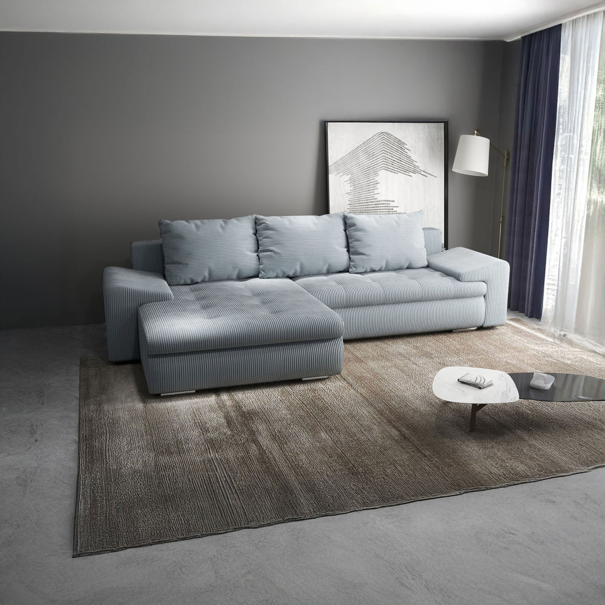 Colțar extensibil dumonde cu ladă de depozitare si sezut confortabil din spuma HR, Leonardo Zoom Gri Mint 255x193 cm