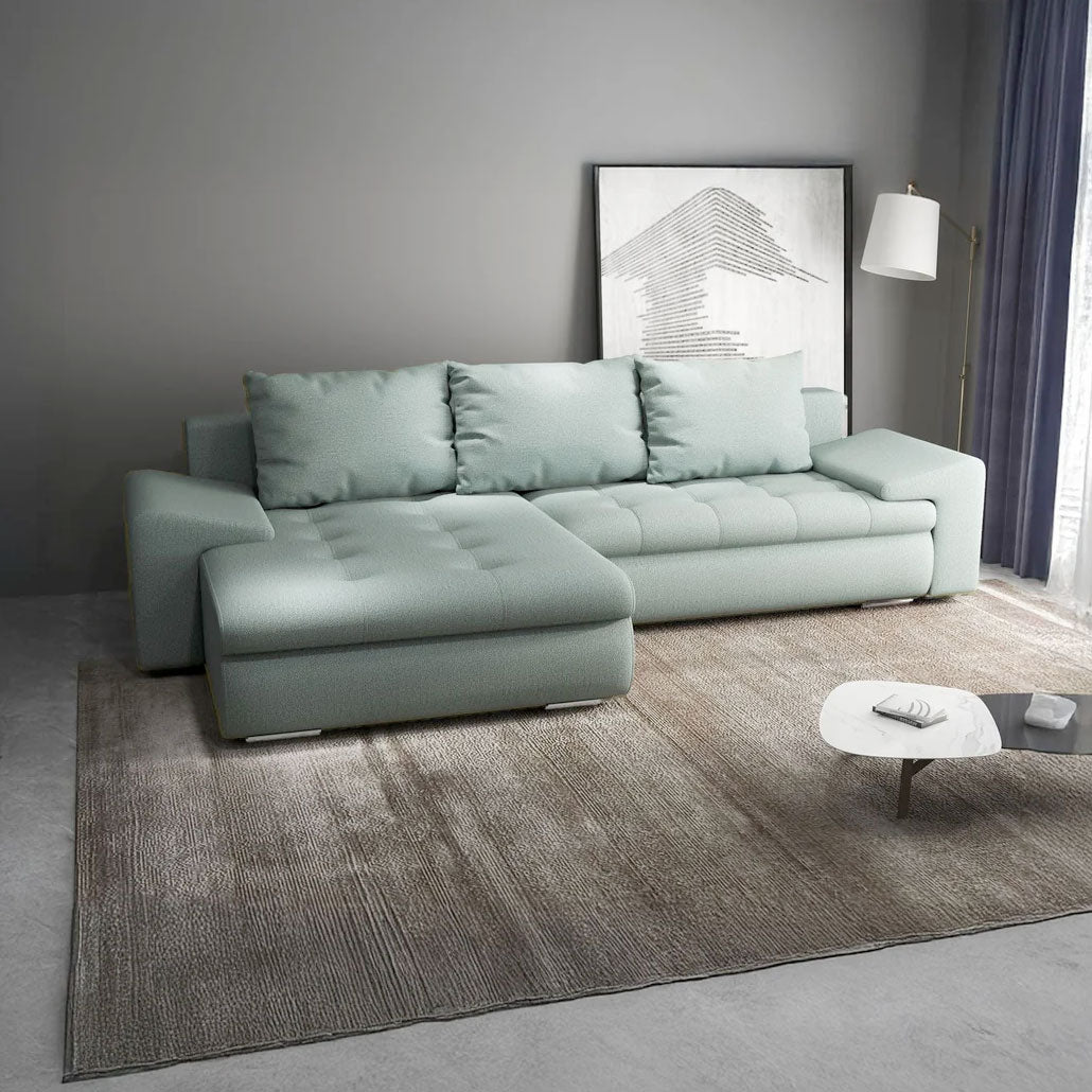 Colțar extensibil dumonde cu ladă de depozitare si sezut confortabil din spuma HR, Leonardo Enjoy Mint 255x193 cm