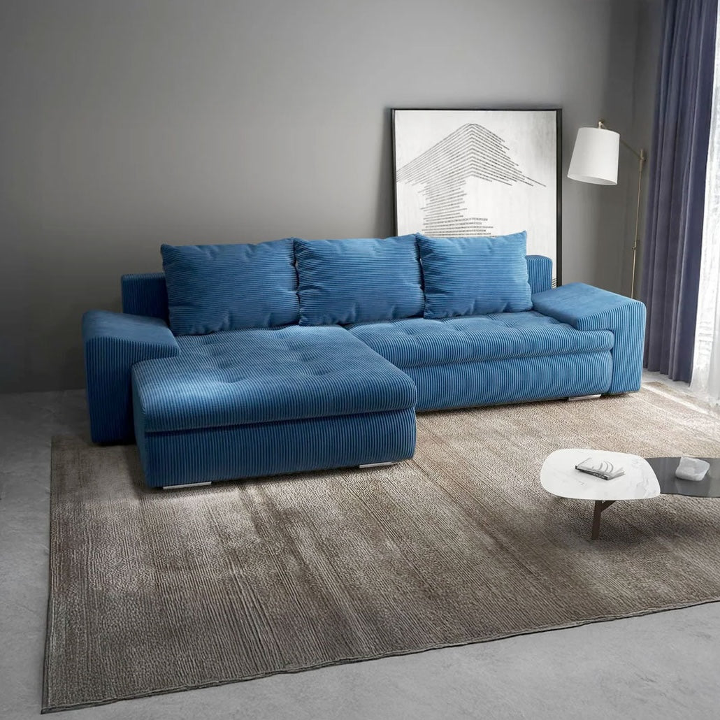 Colțar extensibil dumonde cu ladă de depozitare si sezut confortabil din spuma HR, Leonardo Zoom Albastru 255x193 cm