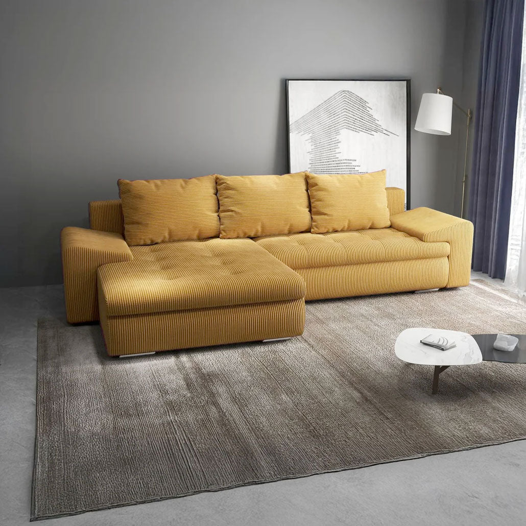 Colțar extensibil dumonde cu ladă de depozitare si sezut confortabil din spuma HR, Leonardo Zoom Mustar 255x193 cm