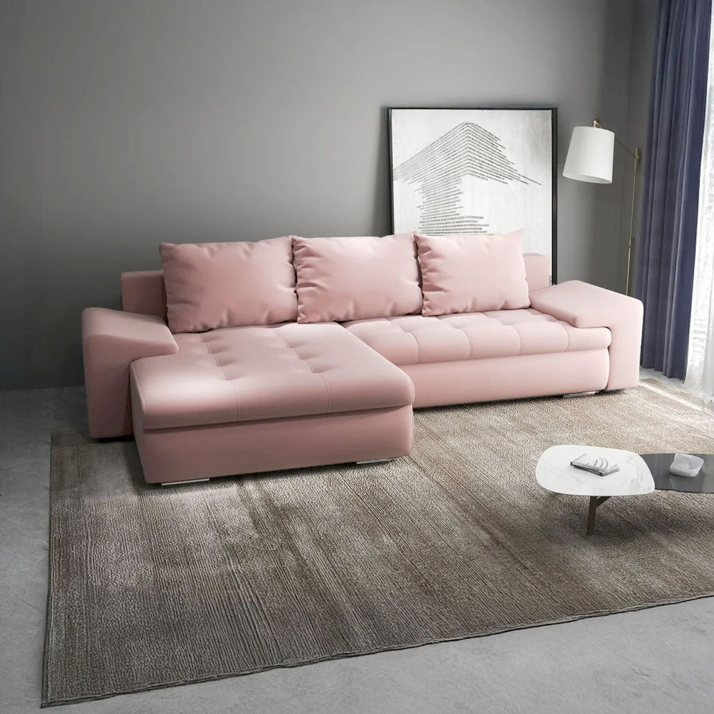 Colțar extensibil dumonde cu ladă de depozitare si sezut confortabil din spuma HR, Leonardo Royal Roz 255x193 cm