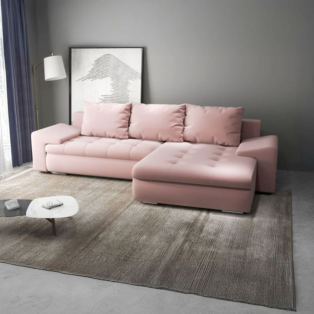 Colțar extensibil dumonde cu ladă de depozitare si sezut confortabil din spuma HR, Leonardo Royal Roz 255x193 cm II