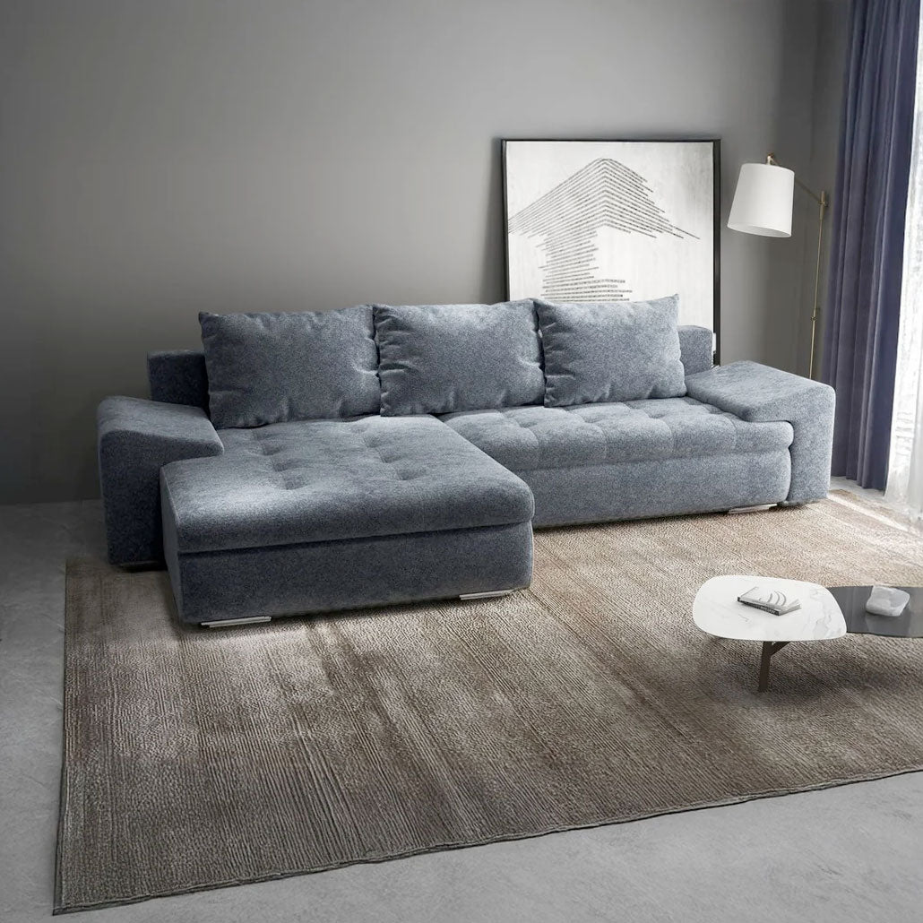 Colțar extensibil dumonde cu ladă de depozitare si sezut confortabil din spuma HR, Leonardo Euphoria Grafit 255x193 cm