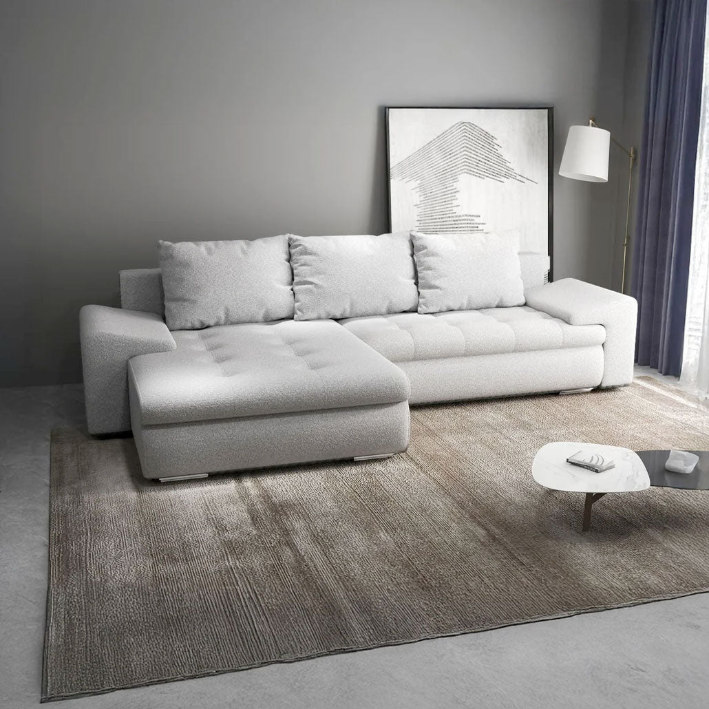 Colțar extensibil dumonde cu ladă de depozitare si sezut confortabil din spuma HR, Leonardo Euphoria Dove 255x193 cm