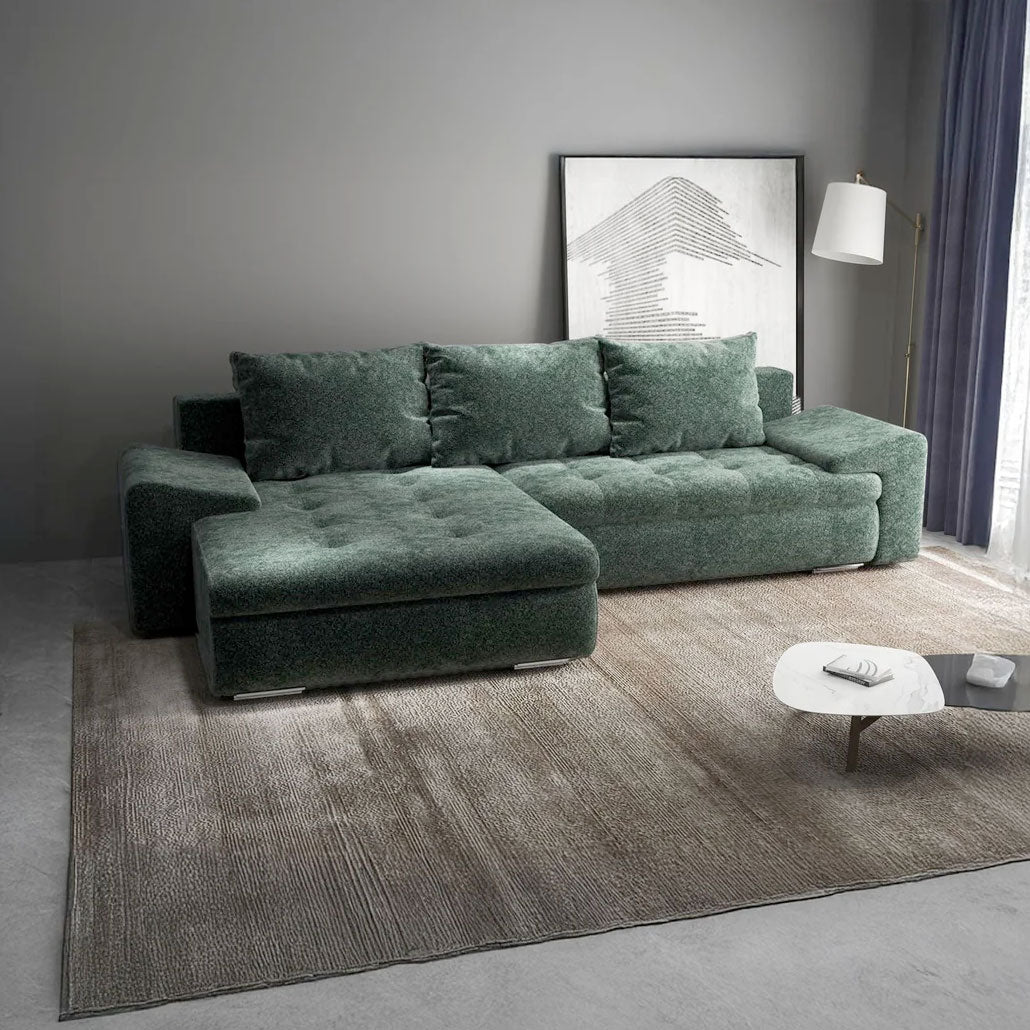 Colțar extensibil dumonde cu ladă de depozitare si sezut confortabil din spuma HR, Leonardo Euphoria Verde 255x193 cm