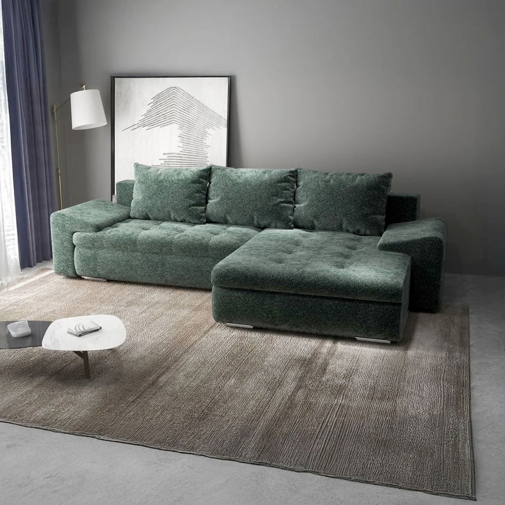 Colțar extensibil dumonde cu ladă de depozitare si sezut confortabil din spuma HR, Leonardo Euphoria Verde 255x193 cm II