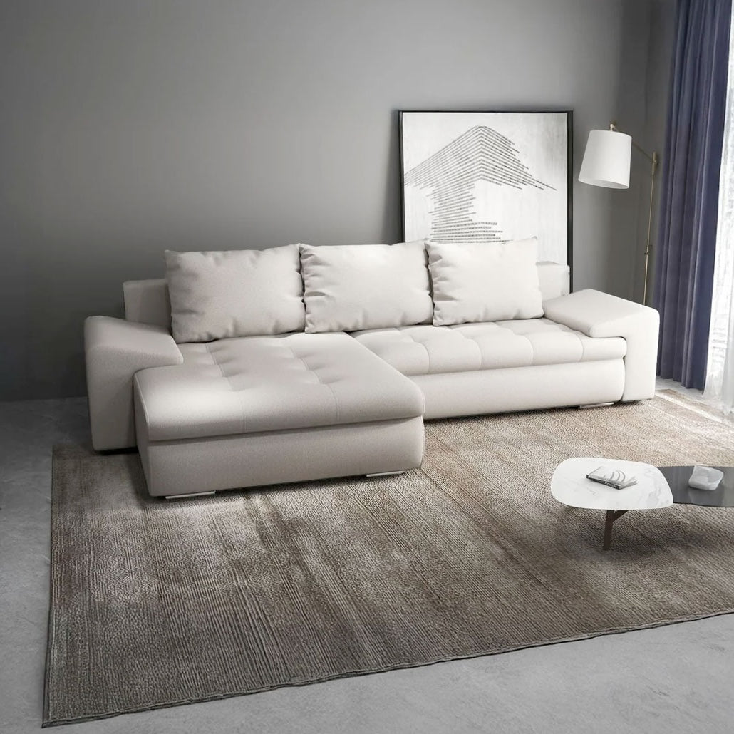 Colțar extensibil dumonde cu ladă de depozitare si sezut confortabil din spuma HR, Leonardo Enjoy Bej 255x193 cm