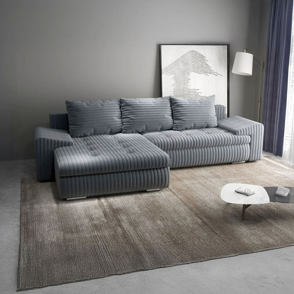 Colțar extensibil dumonde cu ladă de depozitare si sezut confortabil din spuma HR, Leonardo Ambience Gri 255x193 cm