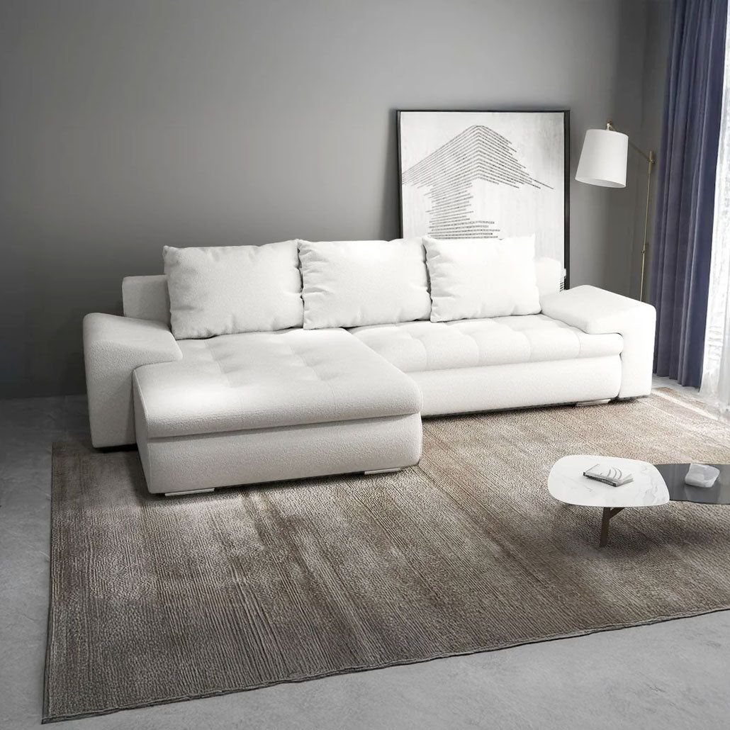 Colțar extensibil dumonde cu ladă de depozitare si sezut confortabil din spuma HR, Leonardo Euphoria Ivory 255x193 cm