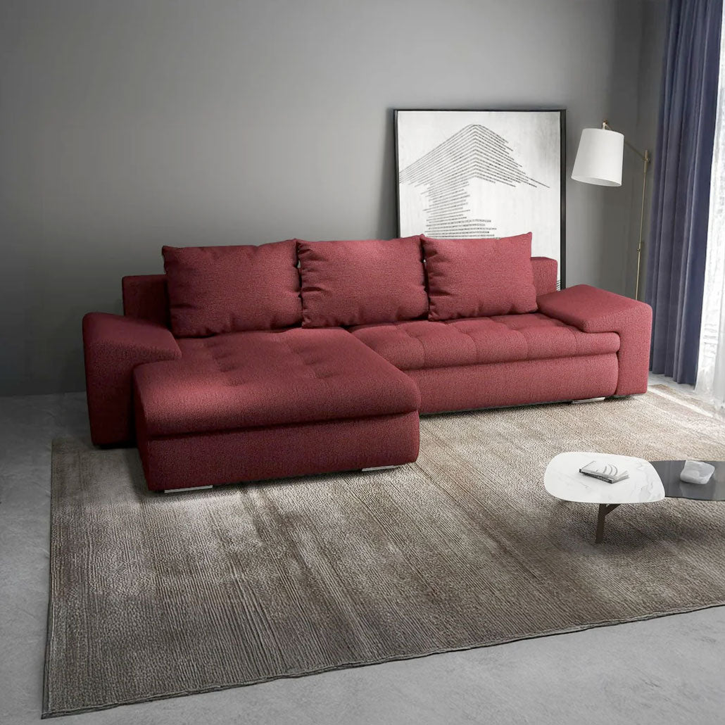 Colțar extensibil dumonde cu ladă de depozitare si sezut confortabil din spuma HR, Leonardo Enjoy Rosu 255x193 cm