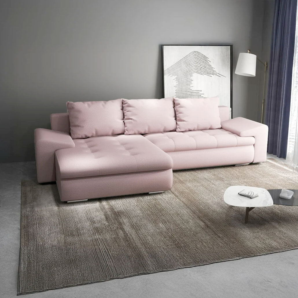 Colțar extensibil dumonde cu ladă de depozitare si sezut confortabil din spuma HR, Leonardo Enjoy Roz 255x193 cm