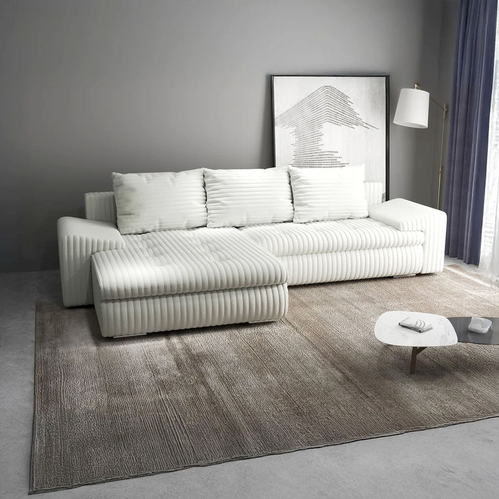 Colțar extensibil dumonde cu ladă de depozitare si sezut confortabil din spuma HR, Leonardo Ambience Ivory 255x193 cm