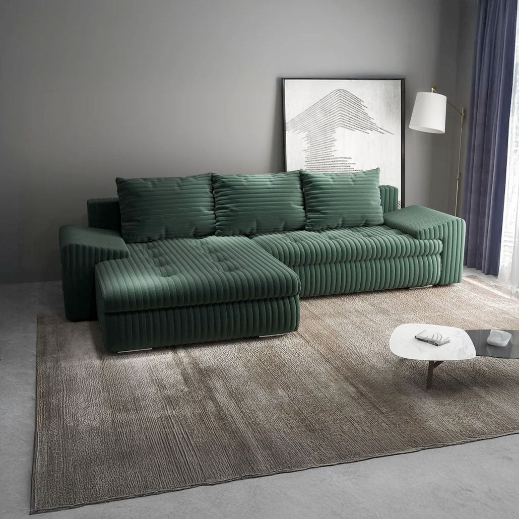Colțar extensibil dumonde cu ladă de depozitare si sezut confortabil din spuma HR, Leonardo Ambience Verde 255x193 cm