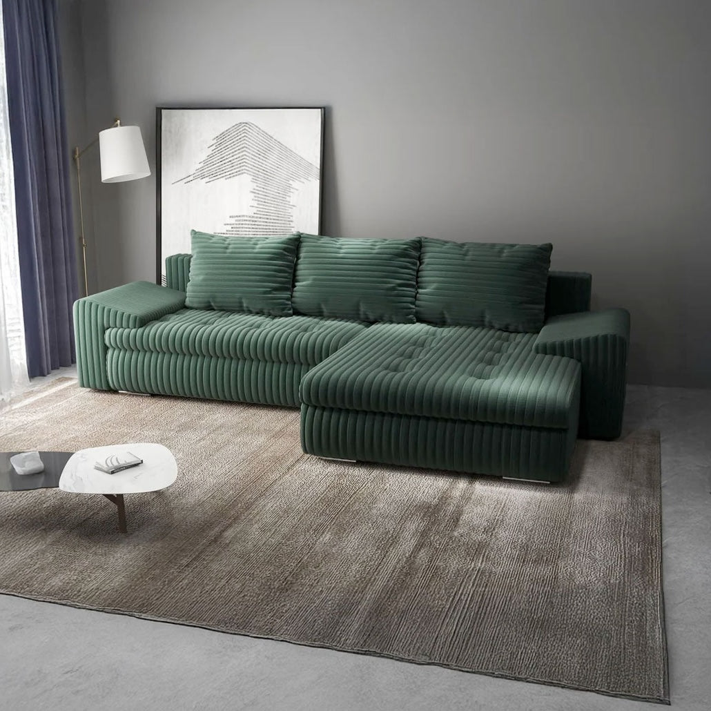Colțar extensibil dumonde cu ladă de depozitare si sezut confortabil din spuma HR, Leonardo Ambience Verde 255x193 cm II