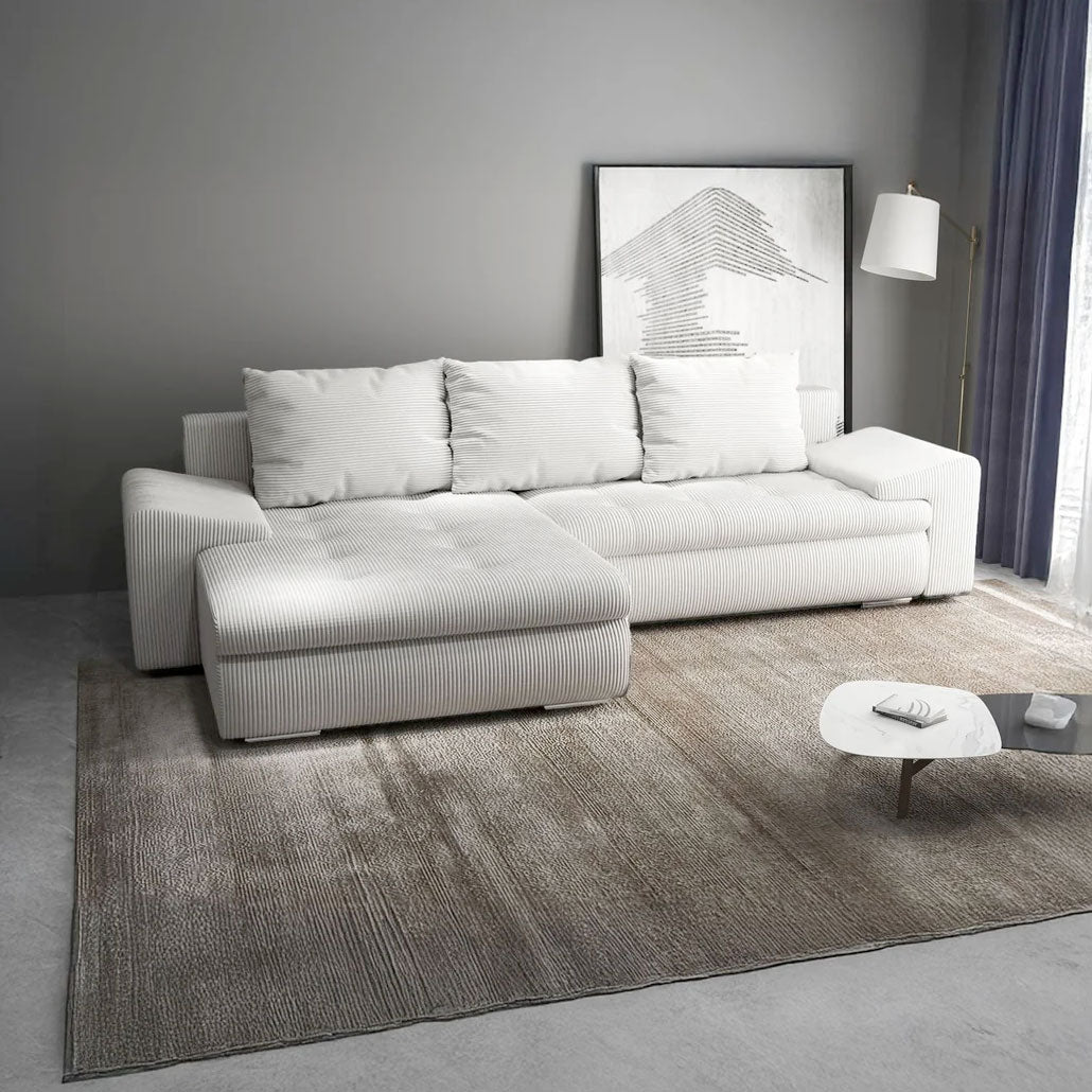 Colțar extensibil dumonde cu ladă de depozitare si sezut confortabil din spuma HR, Leonardo Zoom Crem 255x193 cm
