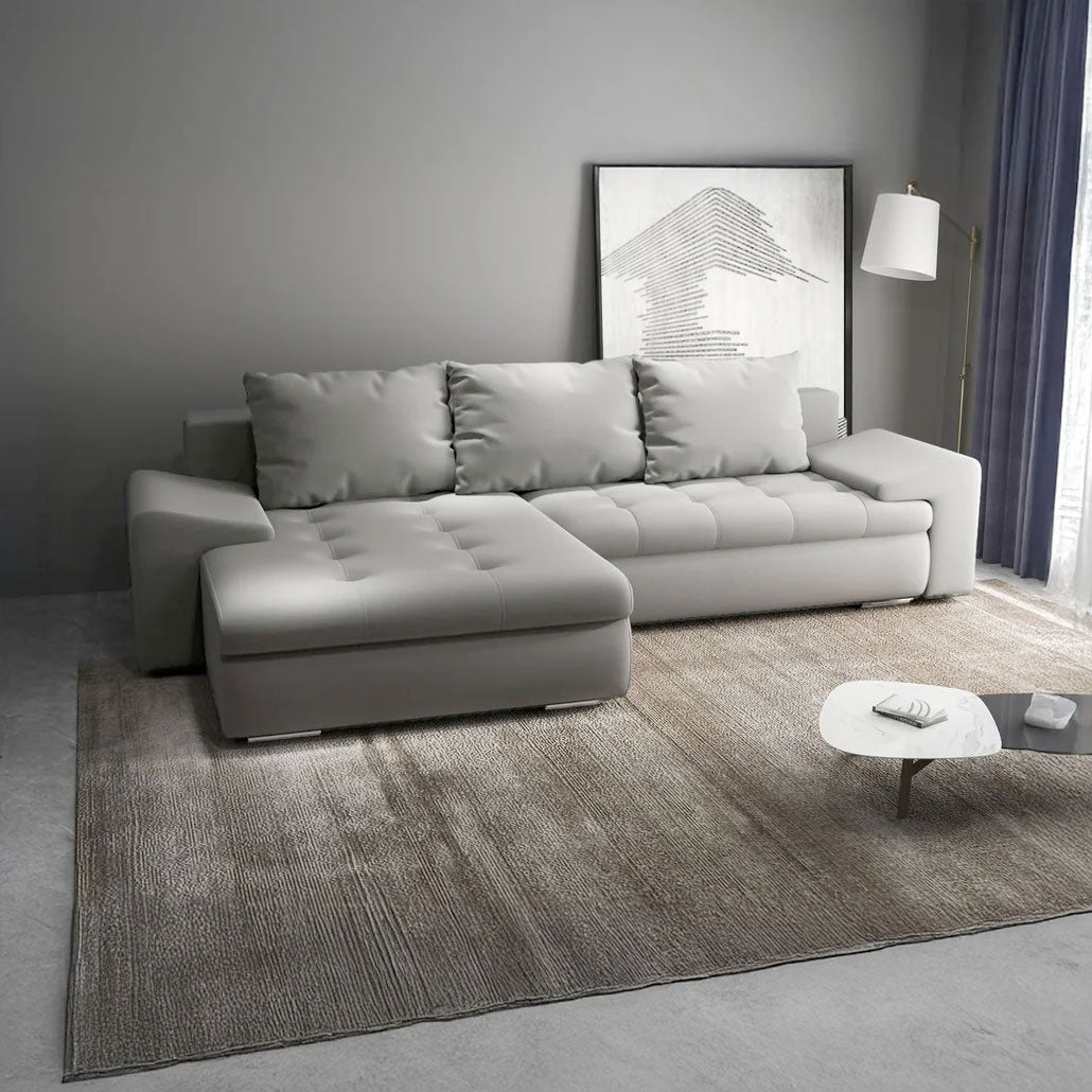 Colțar extensibil dumonde cu ladă de depozitare si sezut confortabil din spuma HR, Leonardo Royal Gri 255x193 cm