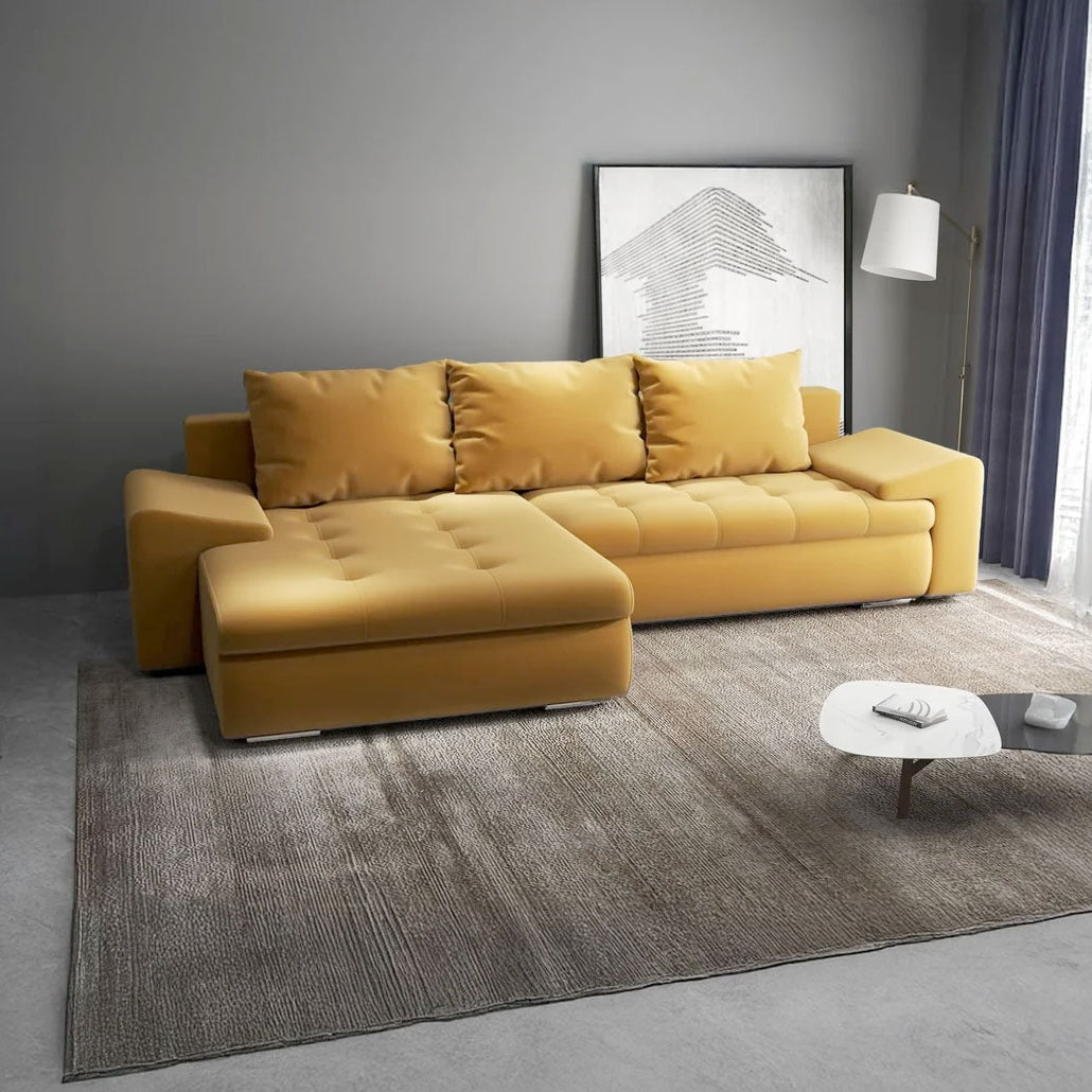 Colțar extensibil dumonde cu ladă de depozitare si sezut confortabil din spuma HR, Leonardo Royal Mustar 255x193 cm