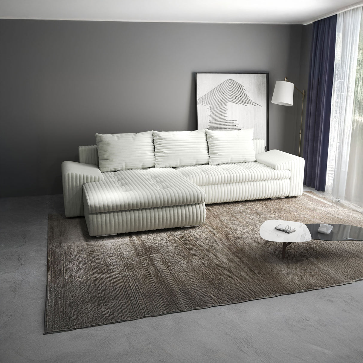 Colțar extensibil dumonde cu ladă de depozitare si sezut confortabil din spuma HR, Leonardo Ambience Alb 255x193 cm