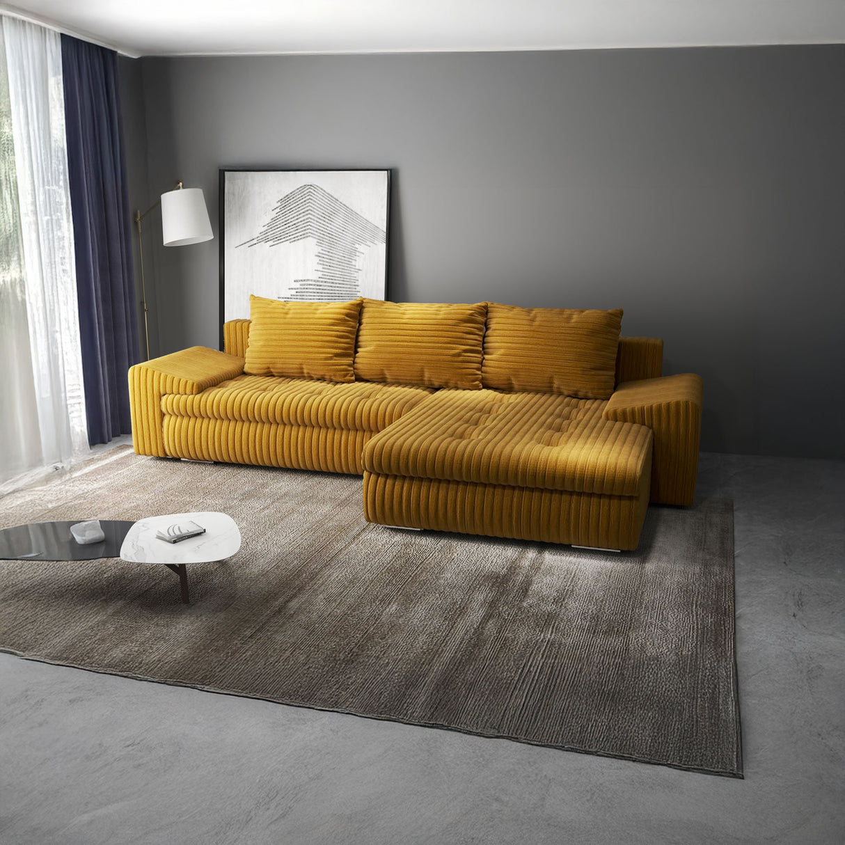 Colțar extensibil dumonde cu ladă de depozitare si sezut confortabil din spuma HR, Leonardo Ambience Mustar 255x193 cm II