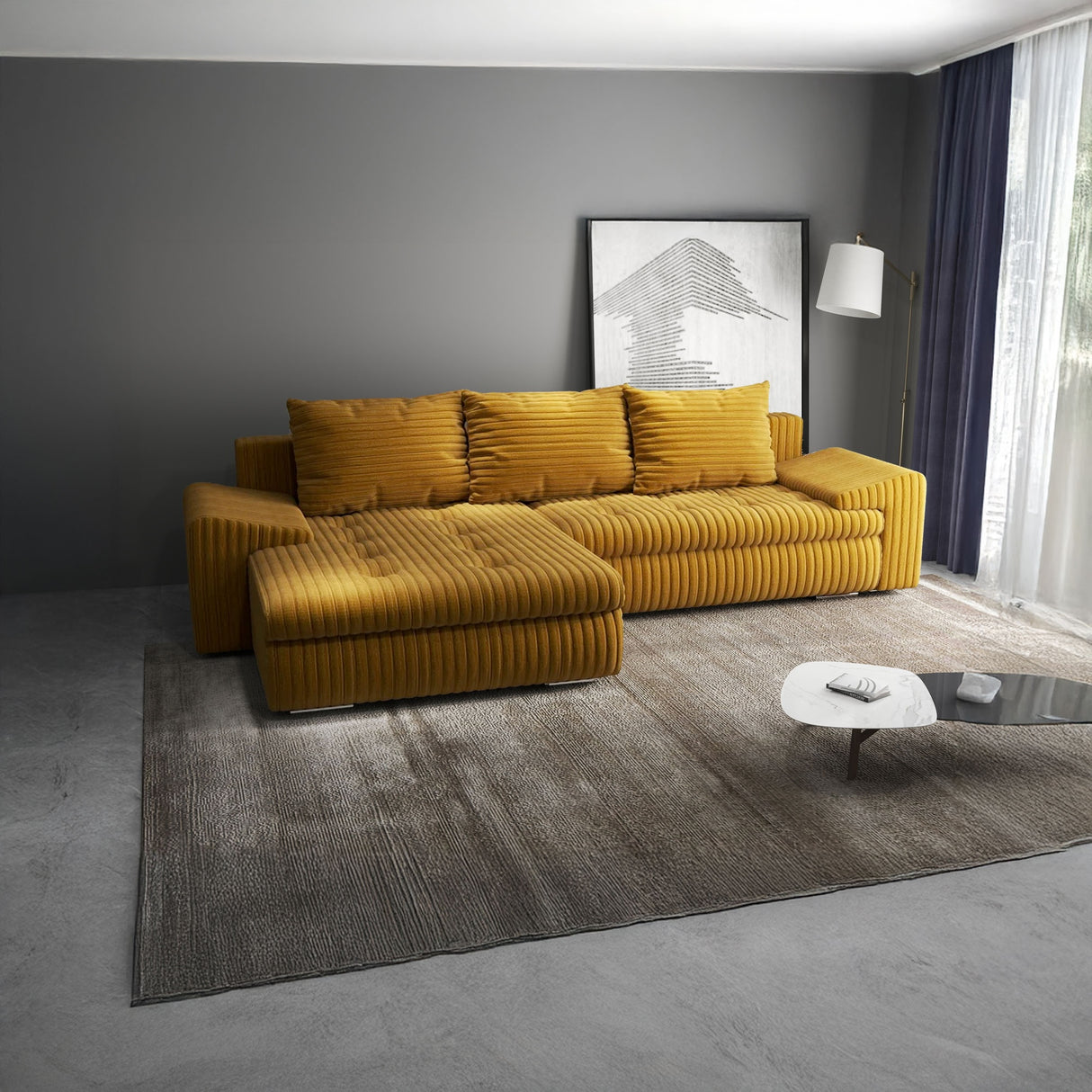 Colțar extensibil dumonde cu ladă de depozitare si sezut confortabil din spuma HR, Leonardo Ambience Mustar 255x193 cm