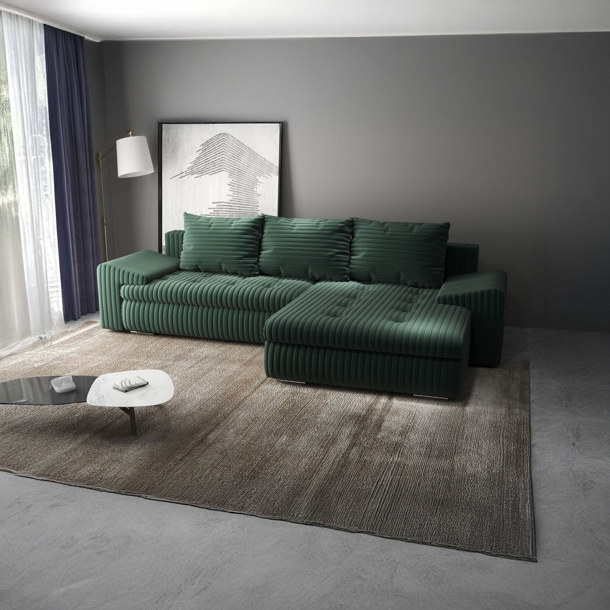 Colțar extensibil dumonde cu ladă de depozitare si sezut confortabil din spuma HR, Leonardo Ambience Verde 255x193 cm II