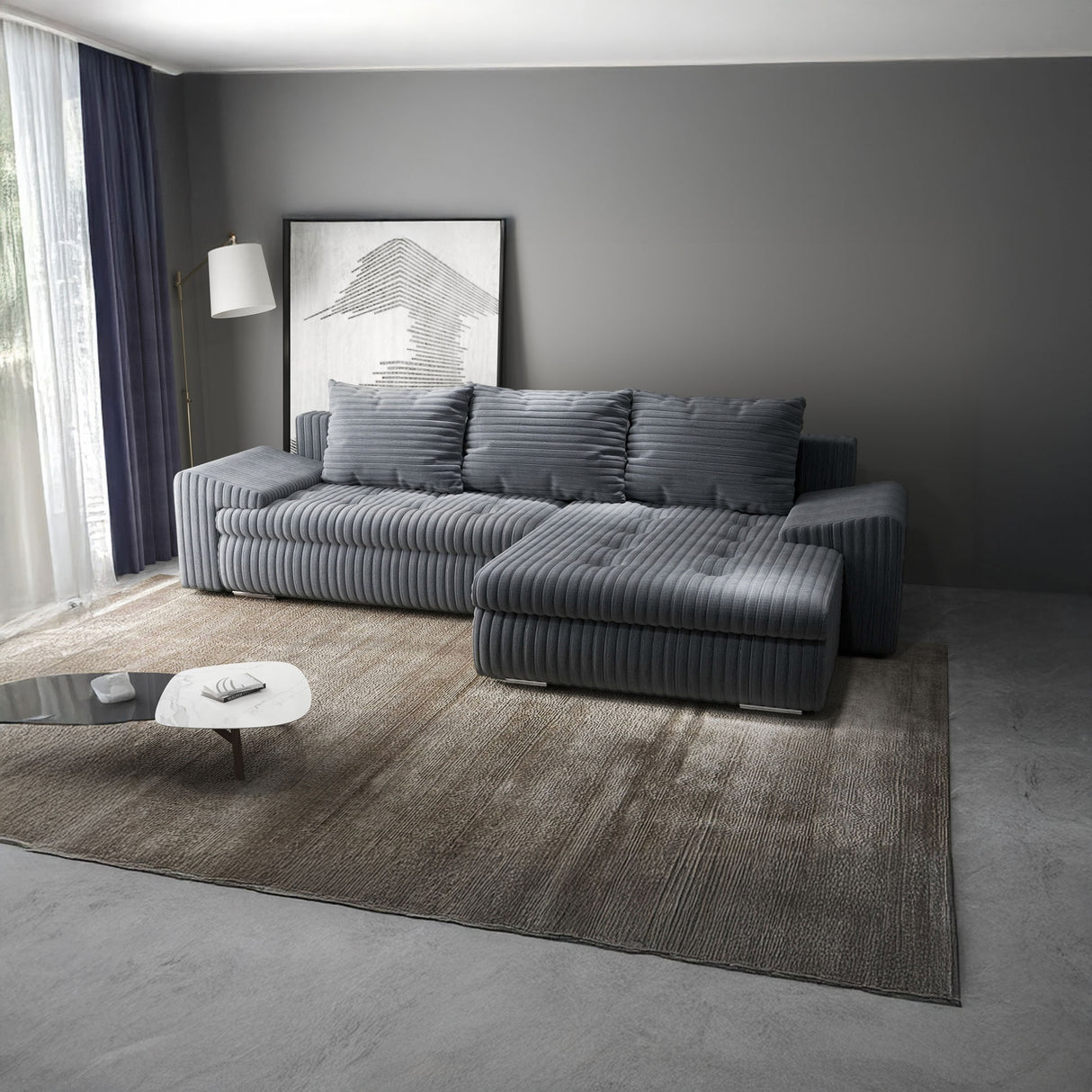 Colțar extensibil dumonde cu ladă de depozitare si sezut confortabil din spuma HR, Leonardo Ambience Gri 255x193 cm II