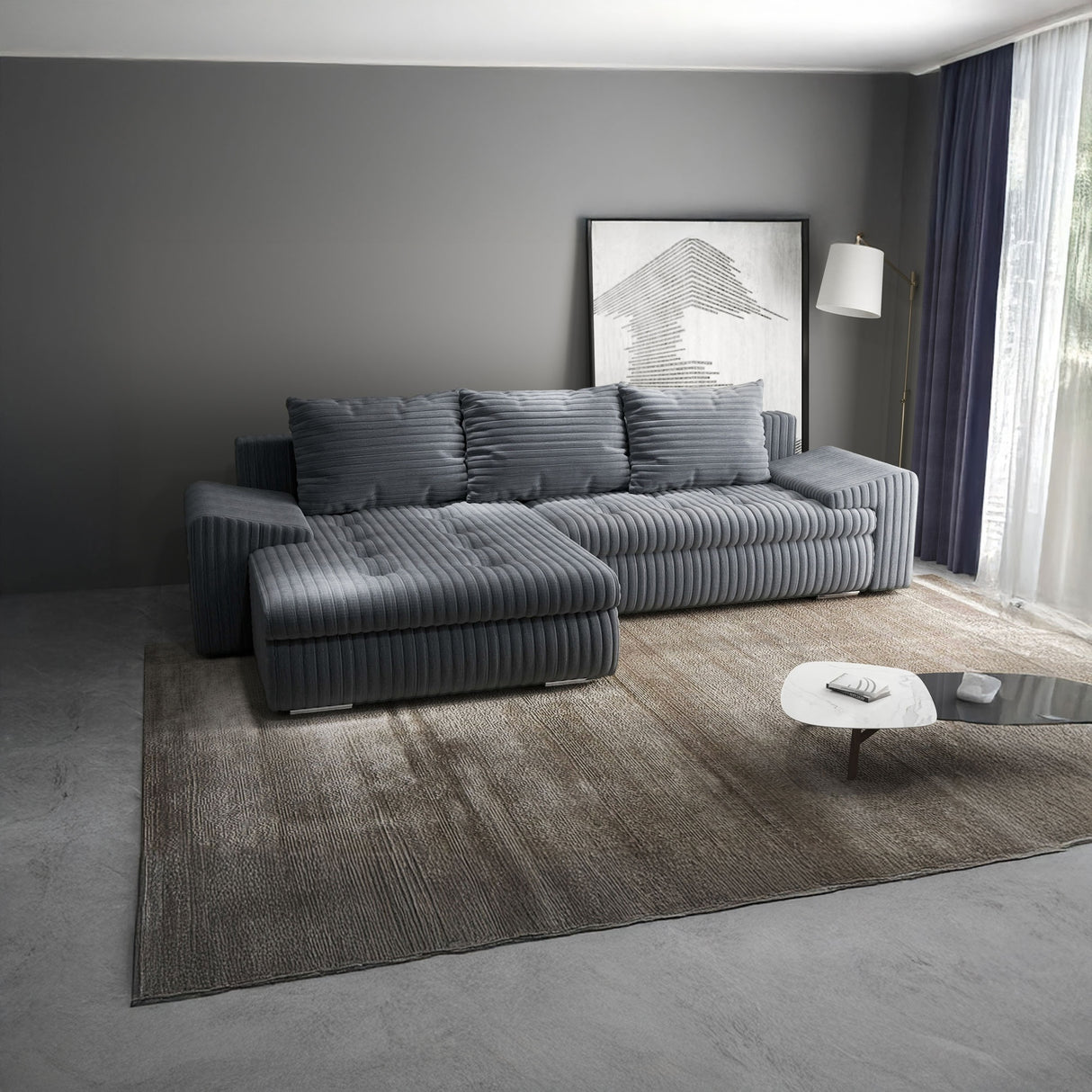 Colțar extensibil dumonde cu ladă de depozitare si sezut confortabil din spuma HR, Leonardo Ambience Gri 255x193 cm
